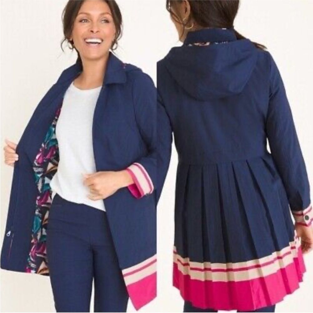 Chicos Pleated Rain Coat Jacket Striped Hem Sailboat Interior Womens Size 0 XS